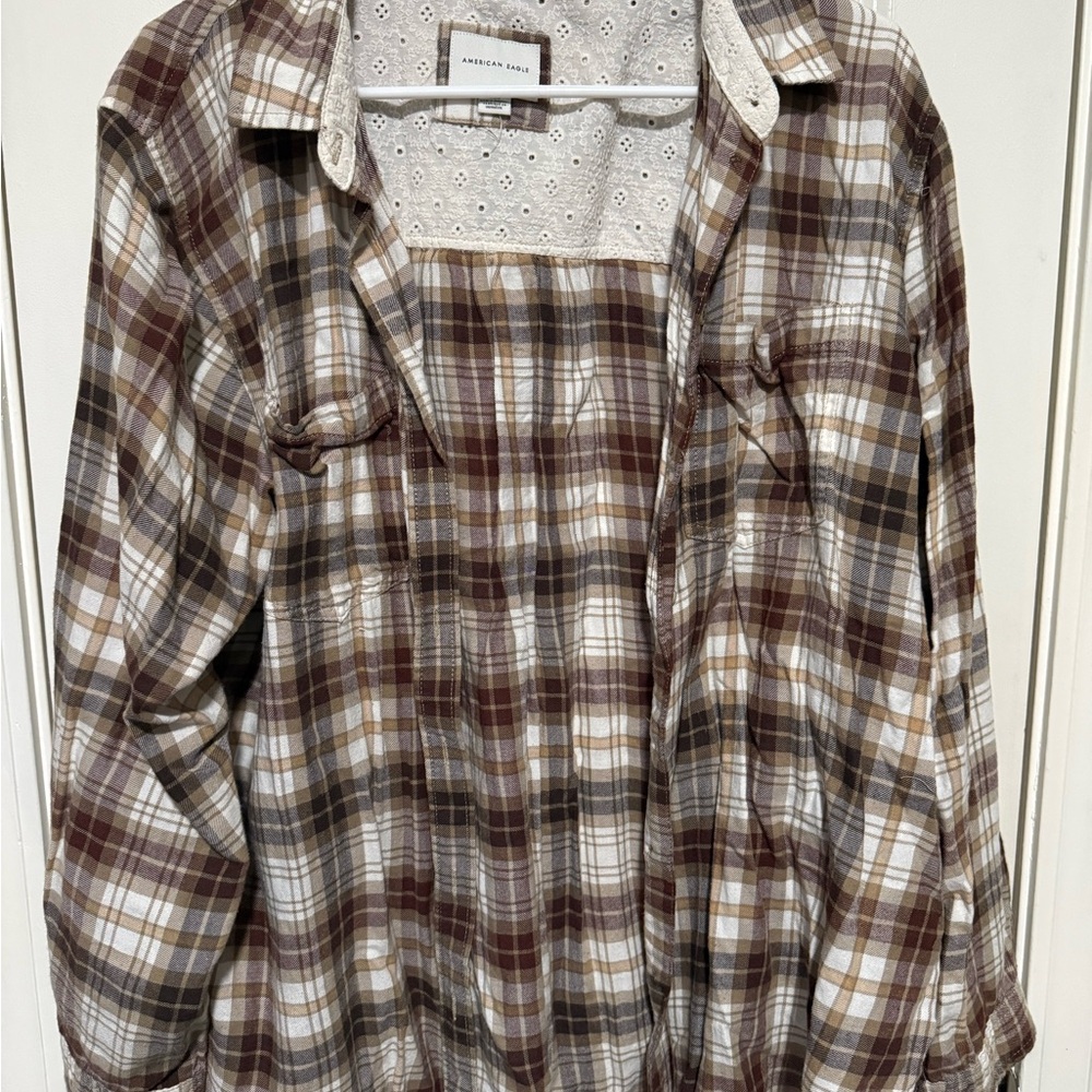 American Eagle Eyelet Top with Brown Plaid Trim - Cream & Brown - Picture 2 of 5